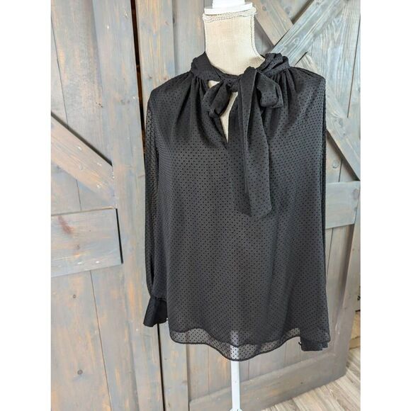 H&M Blouse Top Women's 8 Long Sleeve Black B Neck Polka Dot Lined with Neck Tie - Picture 1 of 10